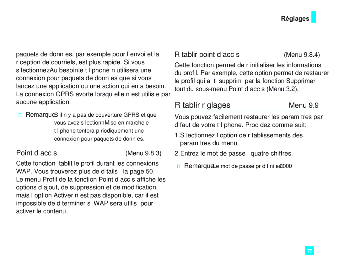 LG Electronics LG2000 manual Rétablir réglages, Point d’accès, Rétablir point d’accès 