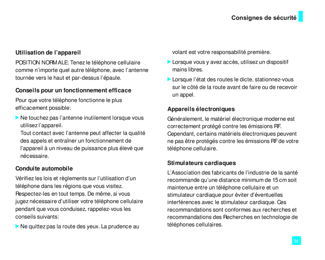 LG Electronics LG2000 manual Utilisation de l’appareil, Conseils pour un fonctionnement efficace, Conduite automobile 