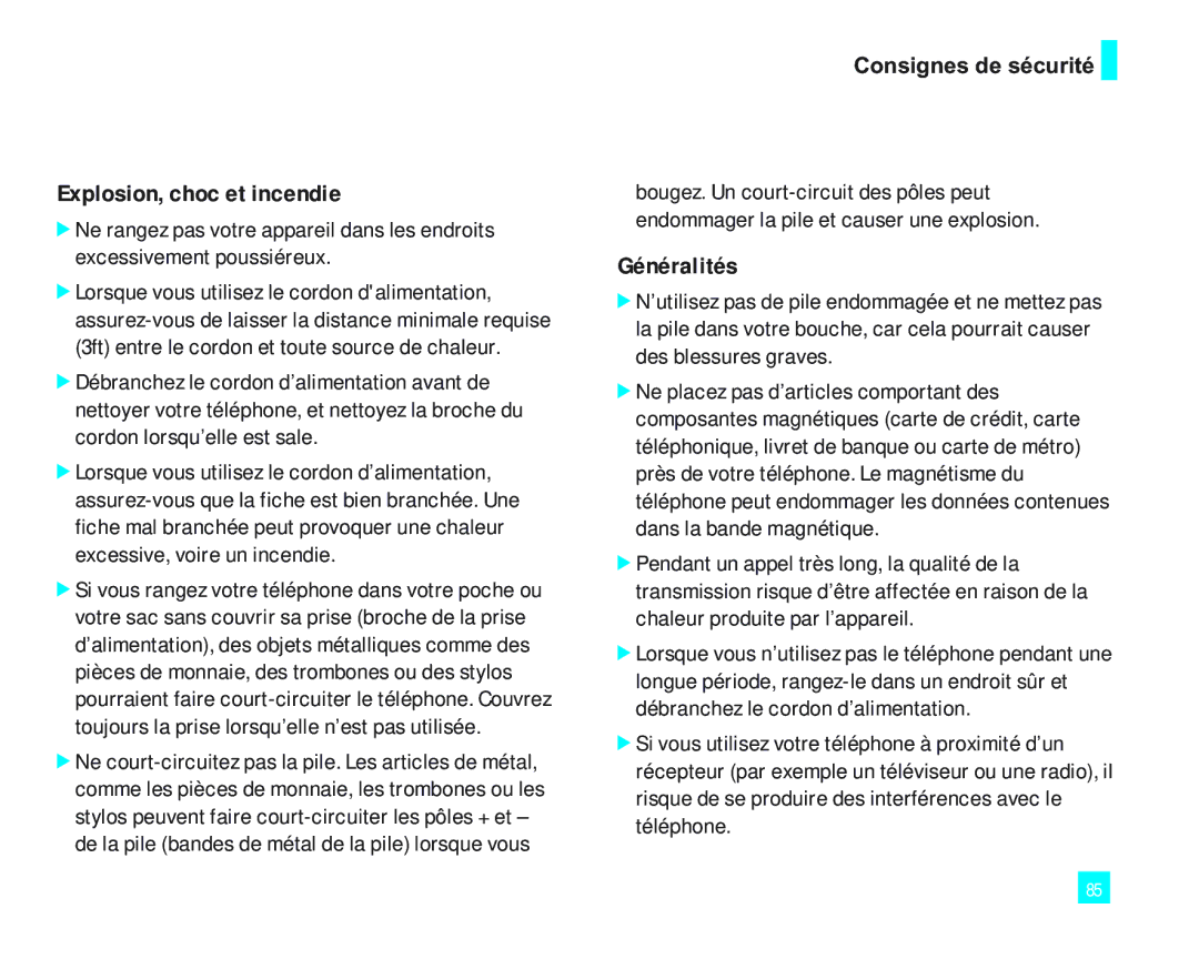 LG Electronics LG2000 manual Explosion, choc et incendie, Généralités 