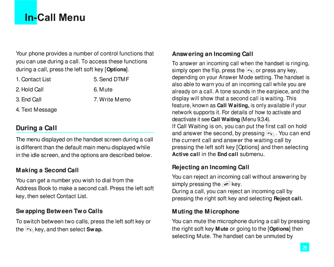 LG Electronics LG2000 manual In-Call Menu, During a Call 