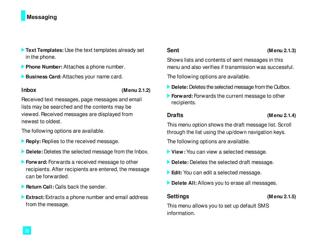 LG Electronics LG2000 manual Inbox, Sent, Drafts, Settings 