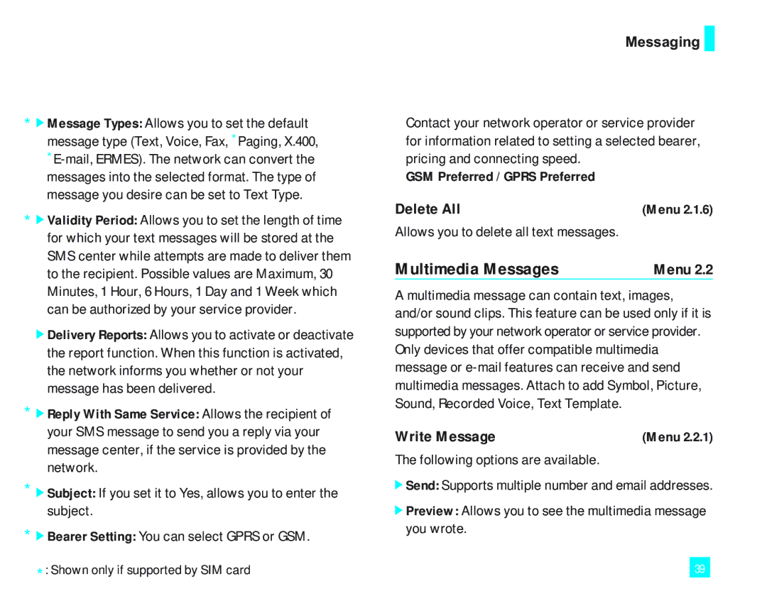 LG Electronics LG2000 manual Multimedia Messages, Delete All, GSM Preferred / Gprs Preferred 