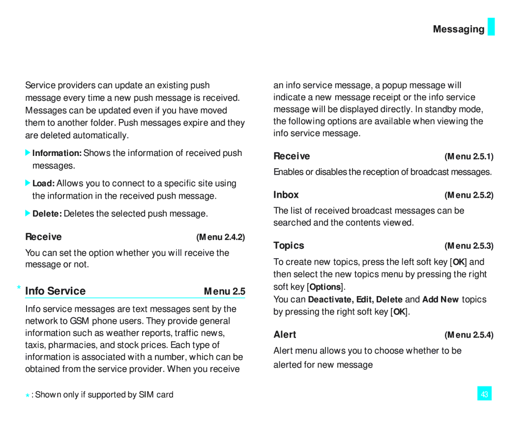 LG Electronics LG2000 manual Info Service, Receive, Topics, Alert 