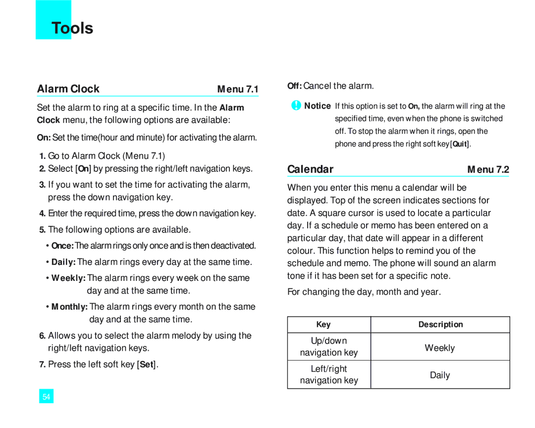 LG Electronics LG2000 manual Tools, Calendar, Go to Alarm Clock Menu, For changing the day, month and year 