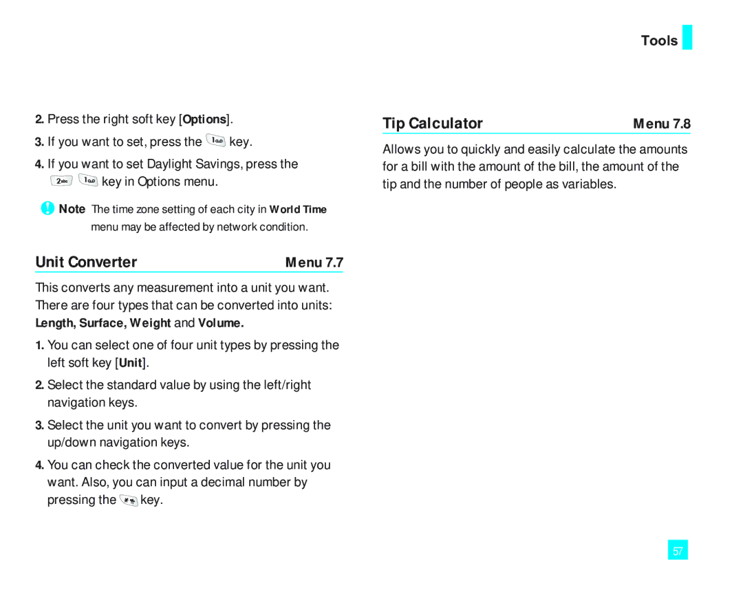 LG Electronics LG2000 manual Unit Converter, Tip Calculator 