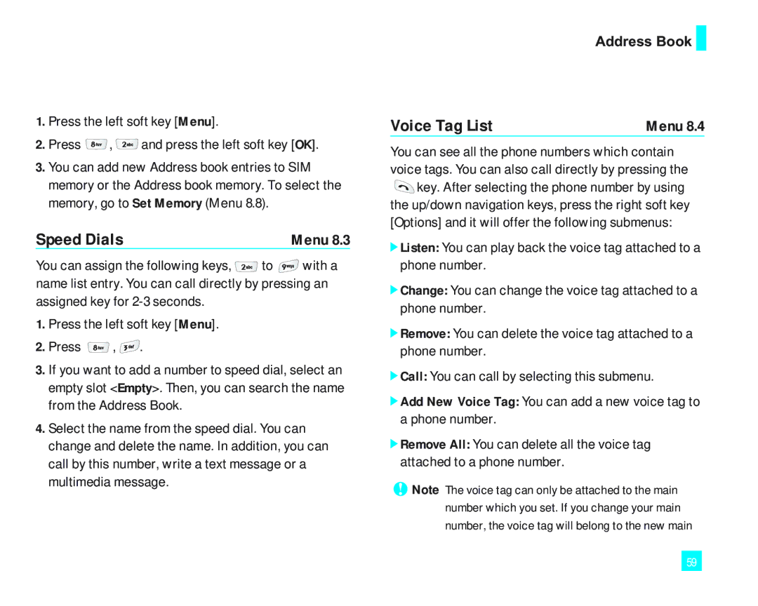 LG Electronics LG2000 manual Speed Dials, Voice Tag List, Address Book 