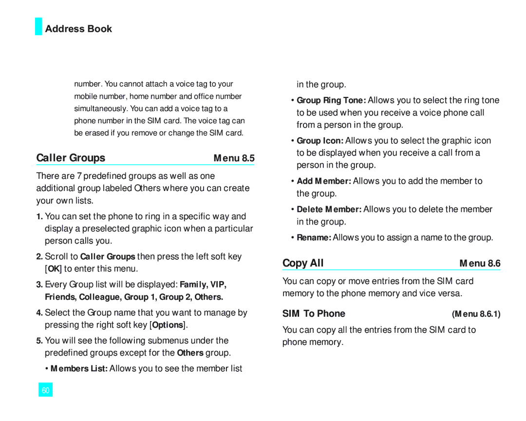 LG Electronics LG2000 manual Caller Groups, Copy All, SIM To Phone, Friends, Colleague, Group 1, Group 2, Others 