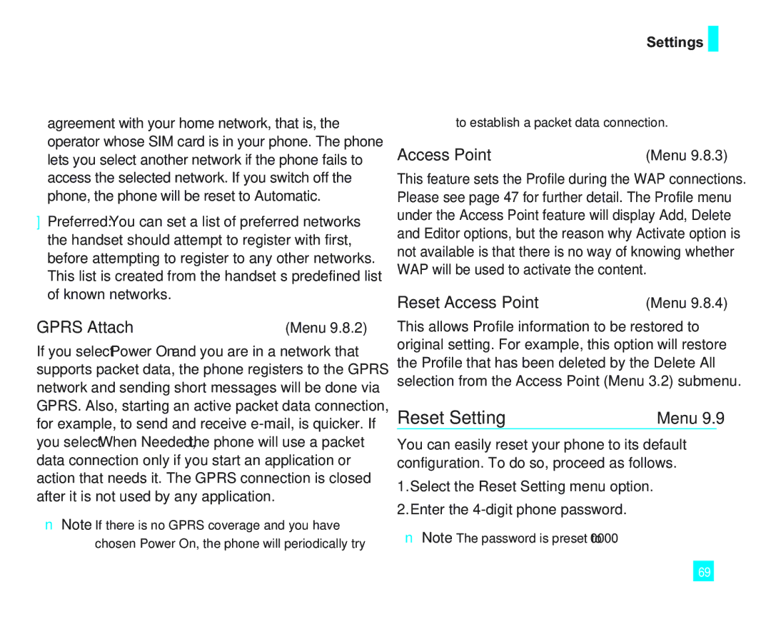 LG Electronics LG2000 manual Reset Setting, Gprs Attach, Reset Access Point 