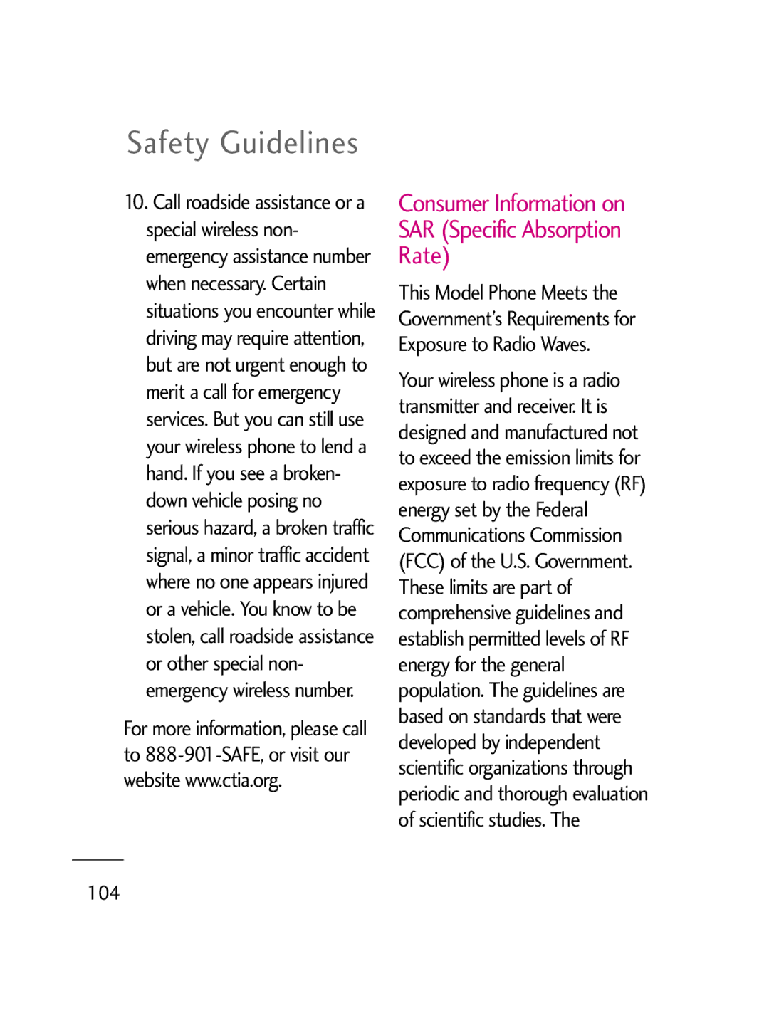 LG Electronics LG511C manual Consumer Information on SAR Specific Absorption Rate, 104 