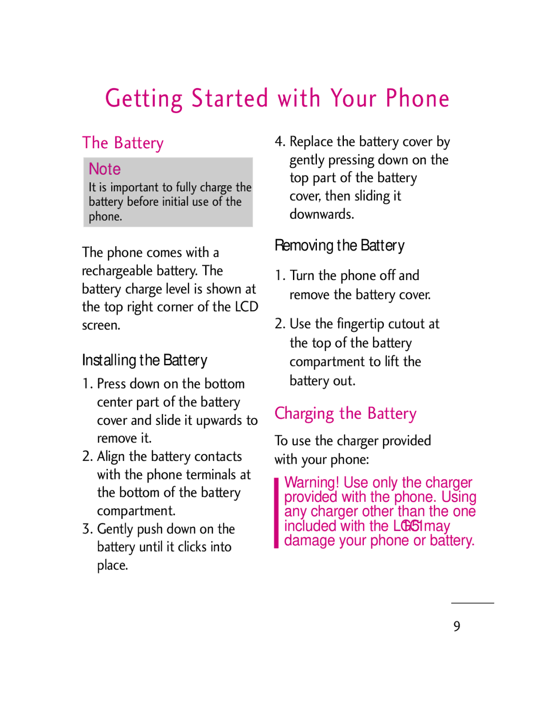 LG Electronics LG511C manual Charging the Battery, Installing the Battery, Removing the Battery 