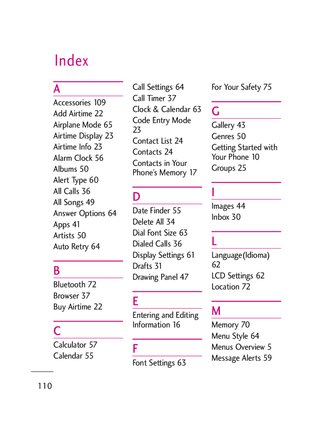 LG Electronics LG511C manual For Your Safety Gallery Genres, Groups All Calls All Songs 