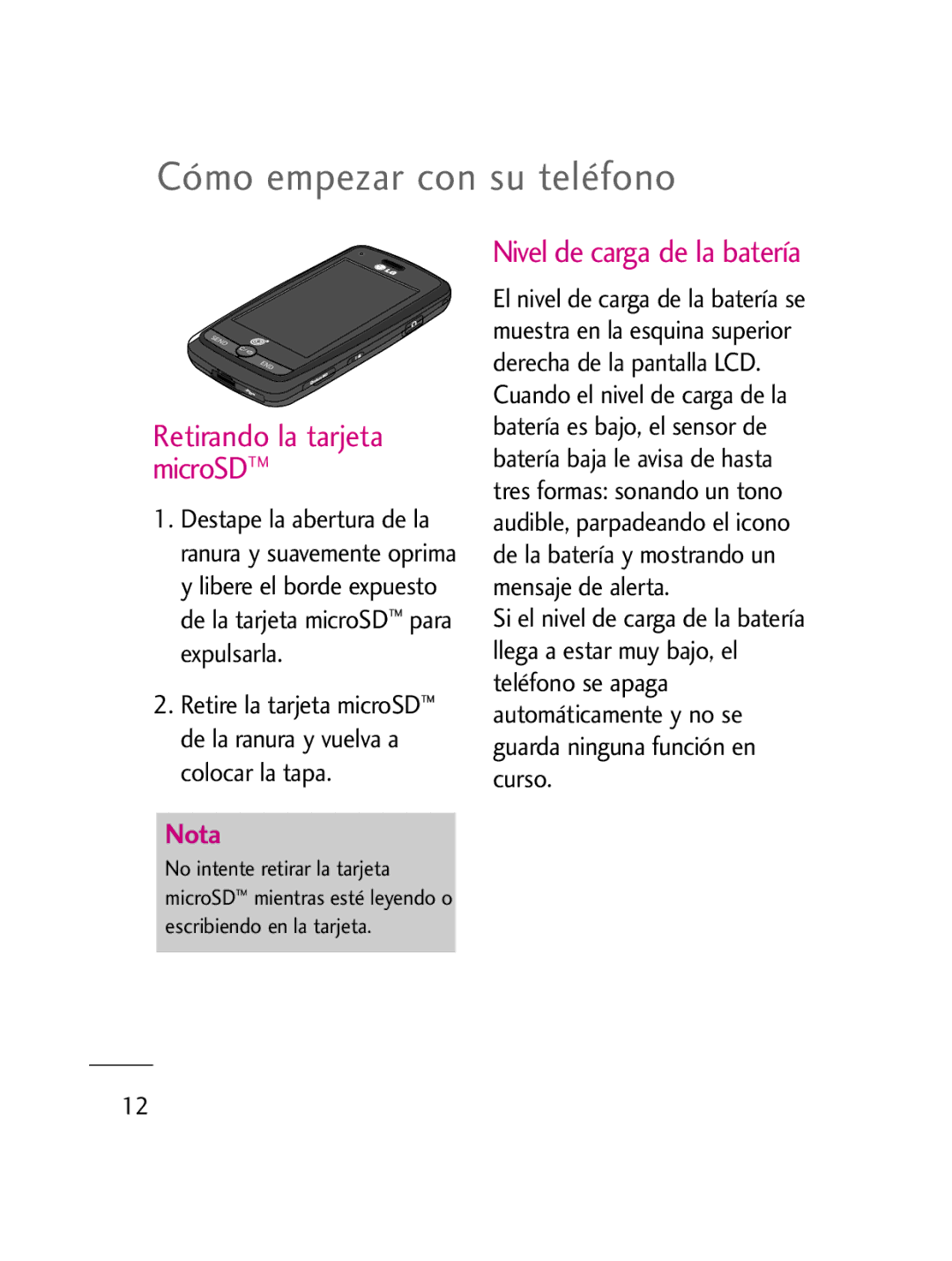 LG Electronics LG511C manual Cómo empezar con su teléfono, Retirando la tarjeta microSDTM, Nivel de carga de la batería 