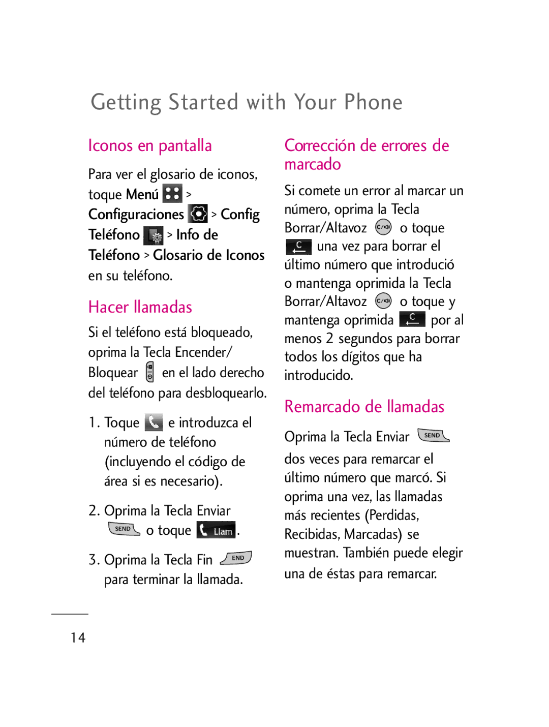 LG Electronics LG511C manual Iconos en pantalla, Hacer llamadas, Corrección de errores de marcado, Remarcado de llamadas 
