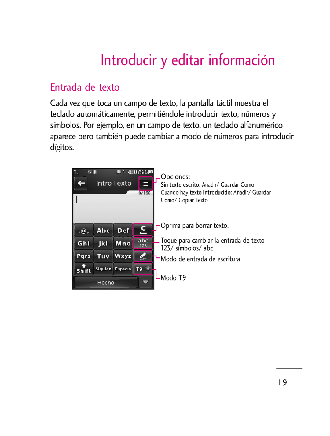 LG Electronics LG511C manual Introducir y editar información, Entrada de texto 