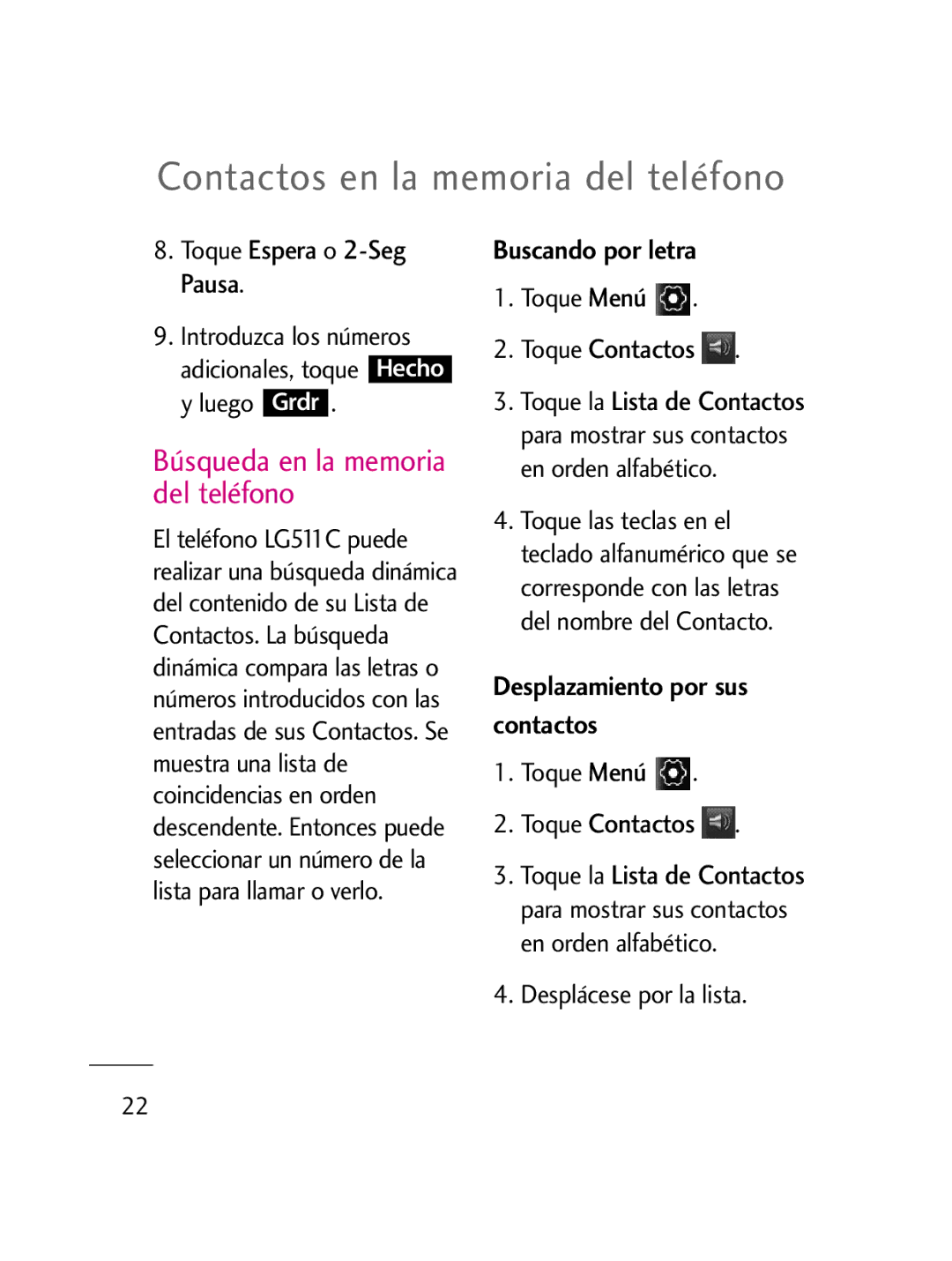 LG Electronics LG511C manual Contactos en la memoria del teléfono, Búsqueda en la memoria del teléfono, Buscando por letra 