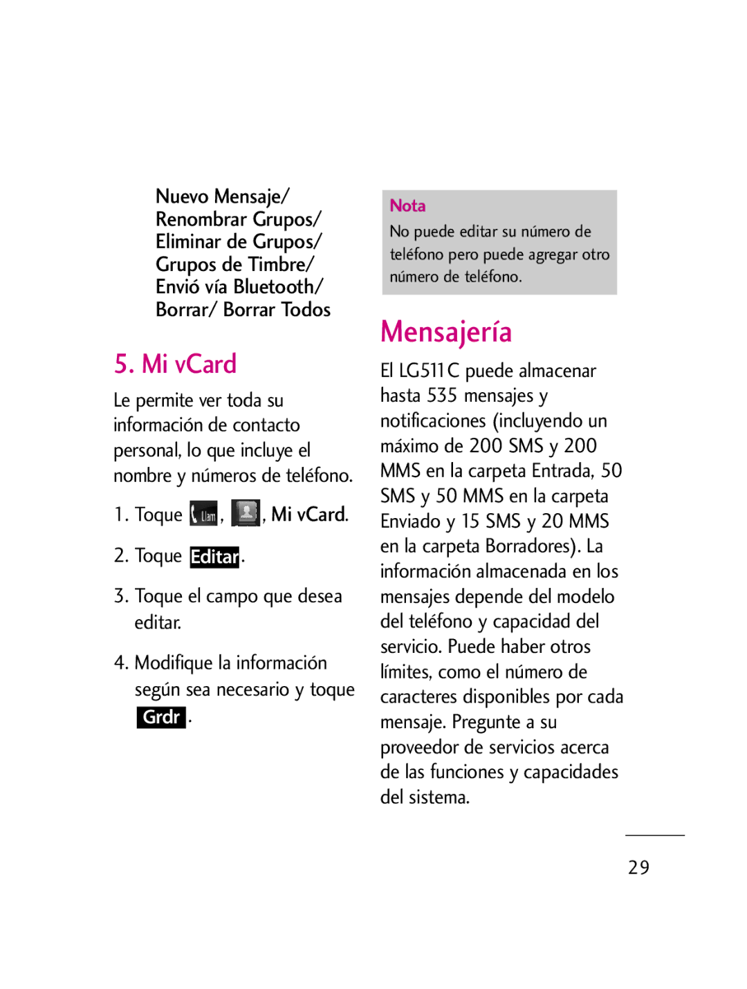 LG Electronics LG511C manual Mensajería, Mi vCard 