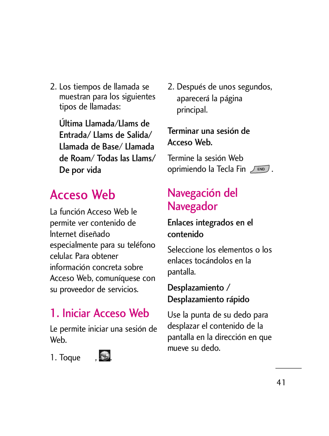 LG Electronics LG511C manual Iniciar Acceso Web, Navegación del Navegador, Enlaces integrados en el contenido 