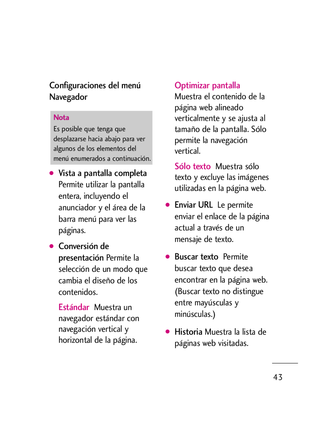 LG Electronics LG511C manual Configuraciones del menú Navegador, Optimizar pantalla 