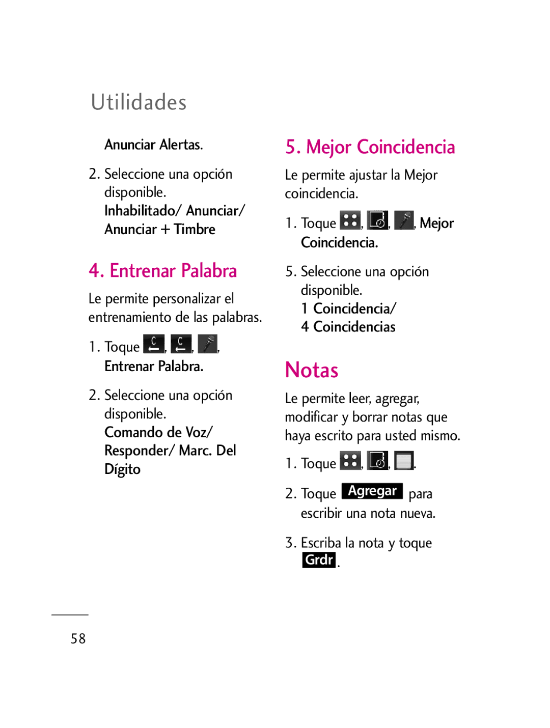 LG Electronics LG511C manual Notas, Entrenar Palabra, Mejor Coincidencia, Anunciar Alertas, Coincidencia Coincidencias 