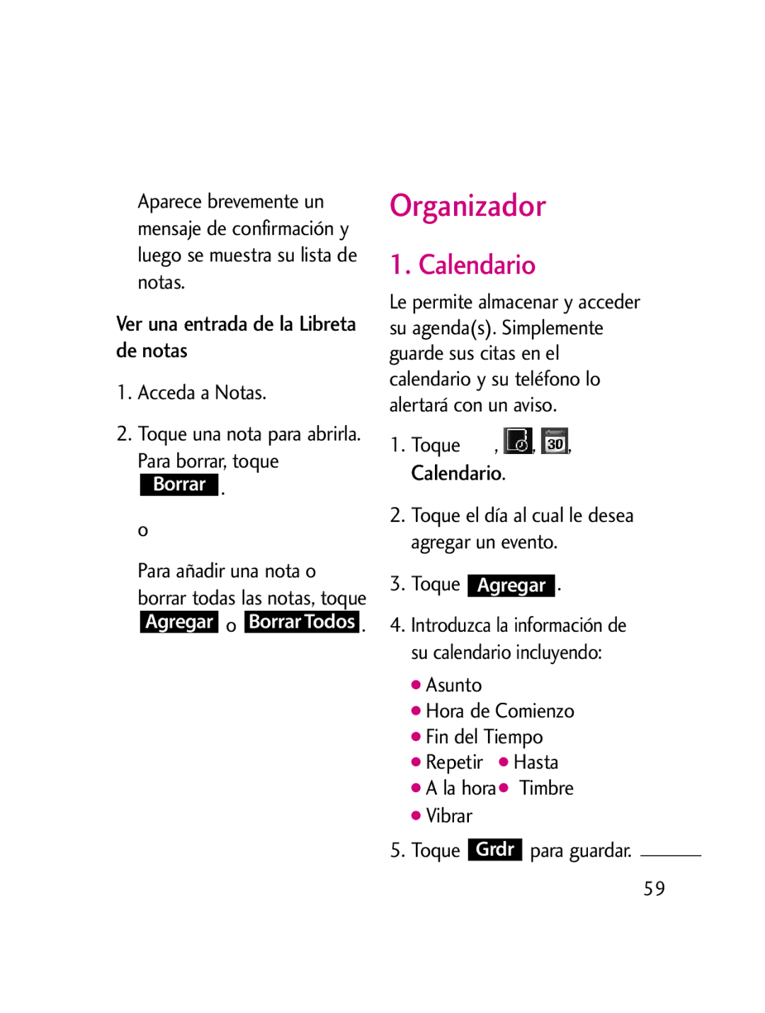 LG Electronics LG511C manual Organizador, Calendario, Ver una entrada de la Libreta de notas, Acceda a Notas 