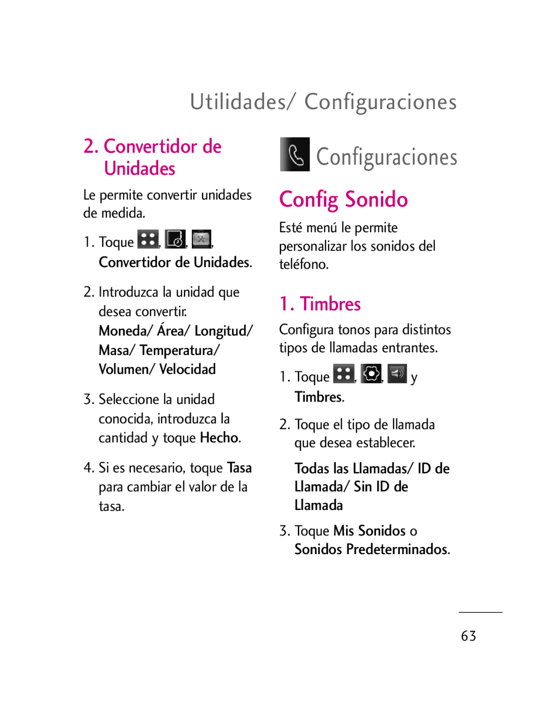 LG Electronics LG511C manual Utilidades/ Configuraciones, Convertidor de Unidades, Timbres 