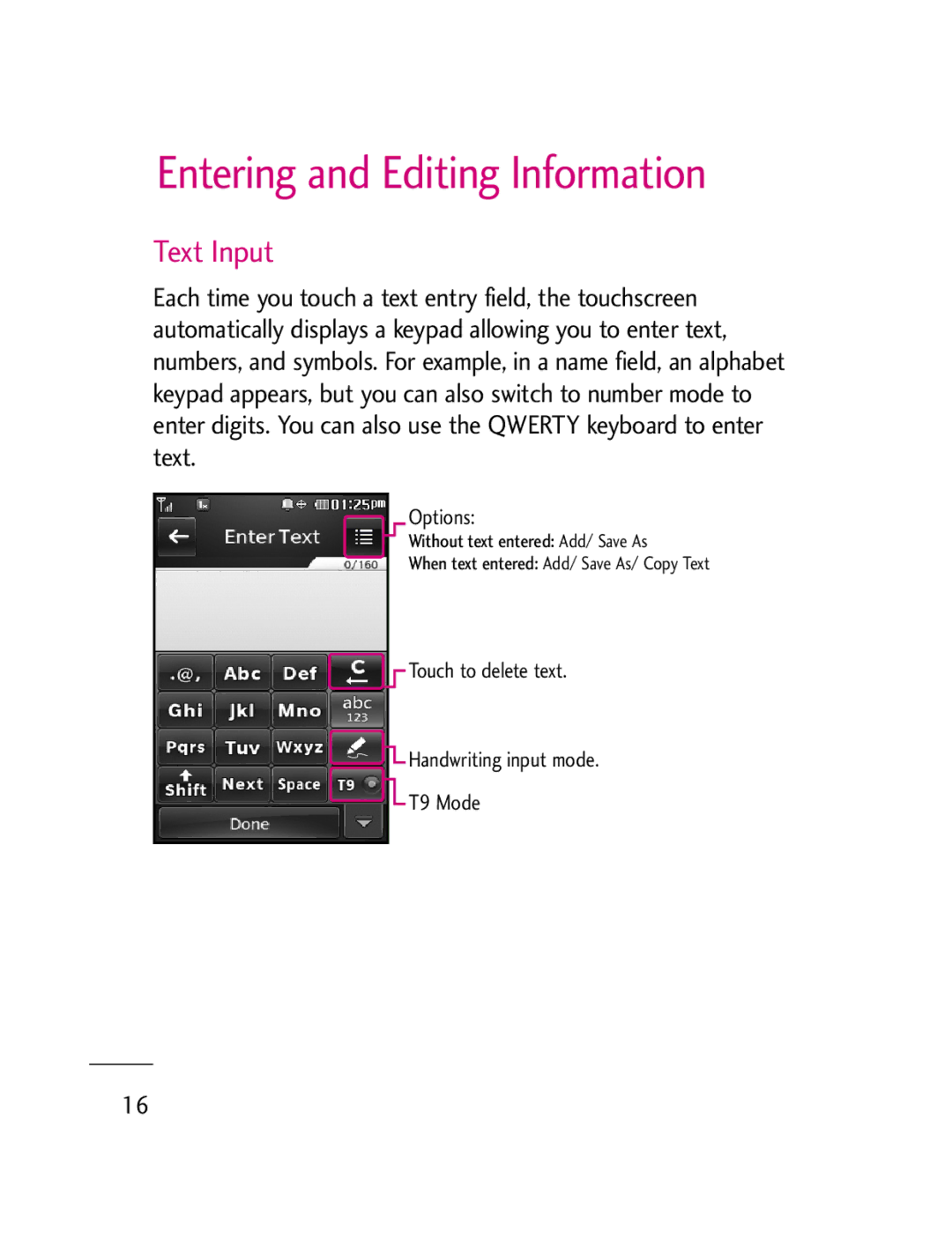 LG Electronics LG511C manual Entering and Editing Information, Text Input 