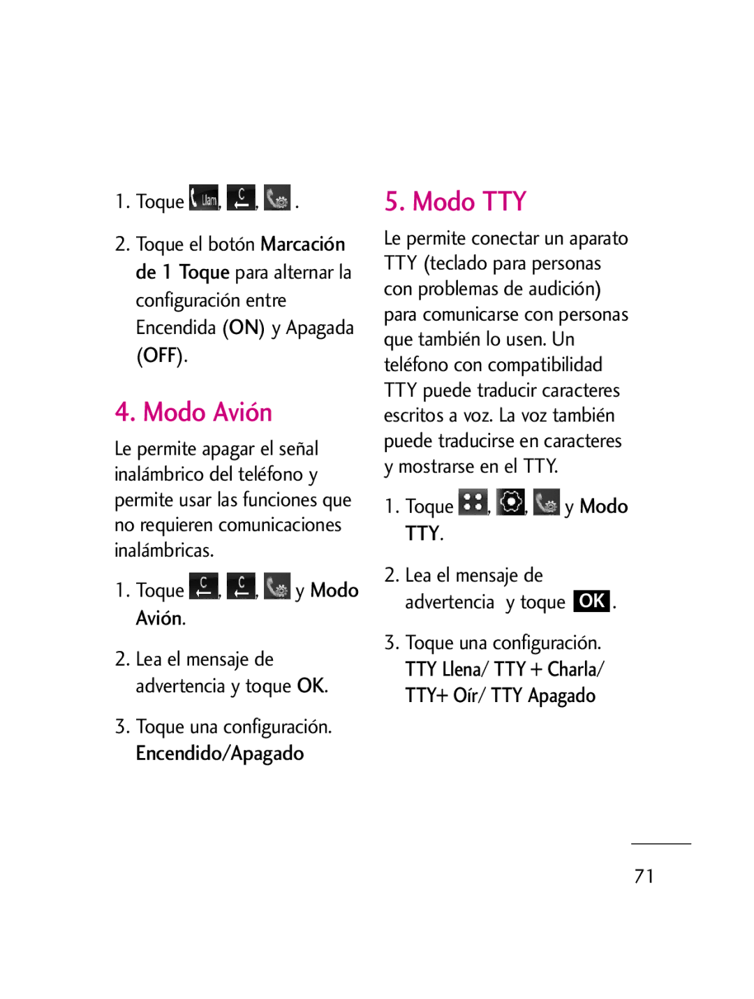 LG Electronics LG511C manual Toque , , y Modo Avión, Toque , , y Modo TTY 