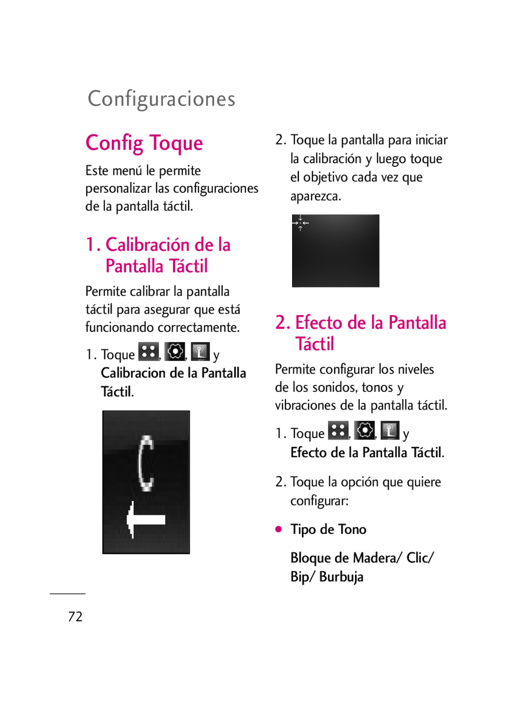 LG Electronics LG511C manual Config Toque, Efecto de la Pantalla Táctil, Calibración de la Pantalla Táctil 