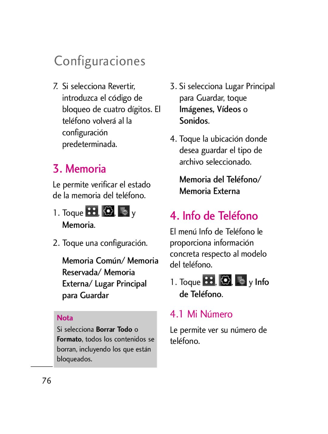 LG Electronics LG511C manual Memoria, Mi Número, Toque , , y Info de Teléfono, Le permite ver su número de teléfono 