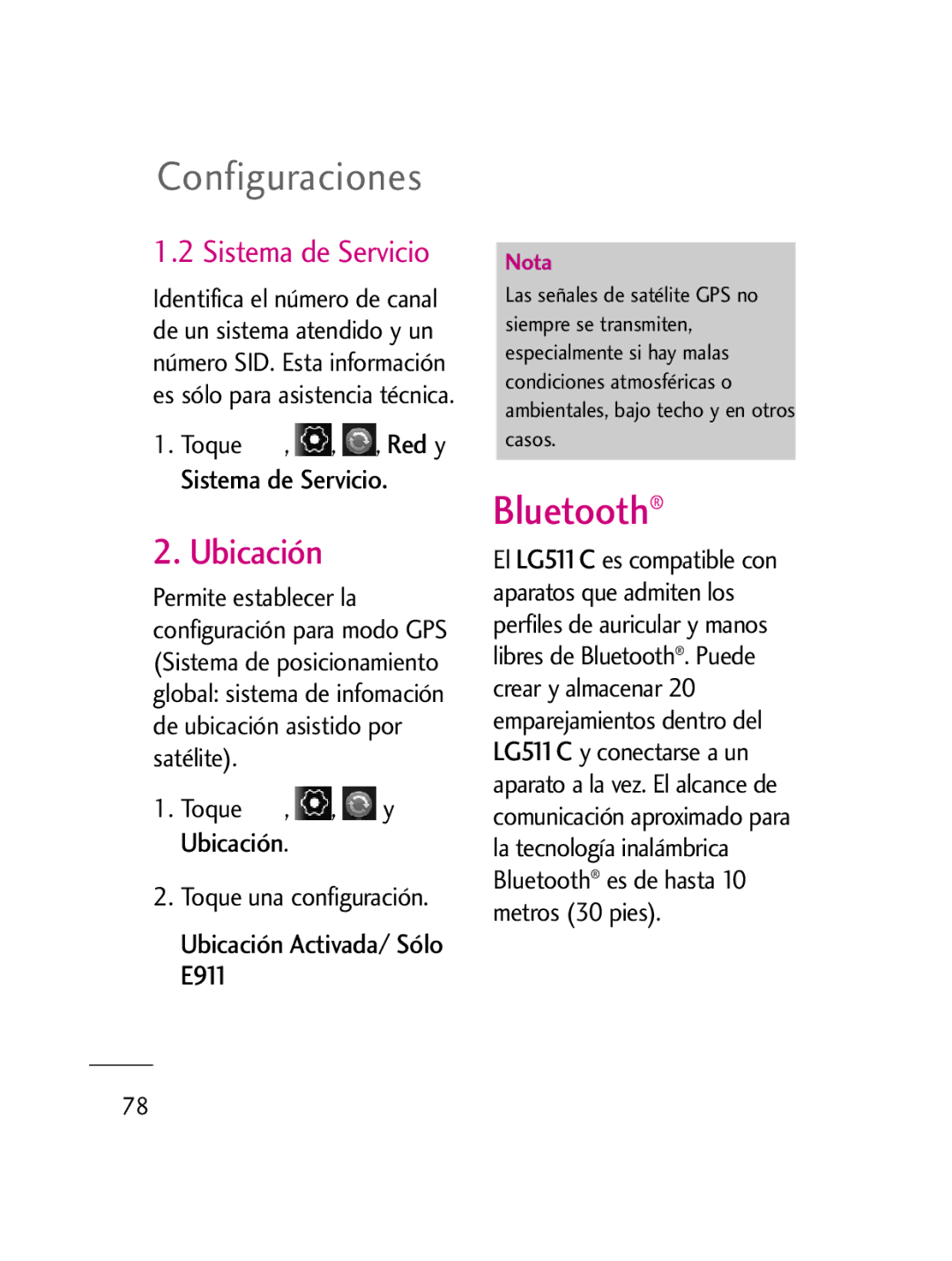 LG Electronics LG511C manual Sistema de Servicio, Ubicación Activada/ Sólo E911 