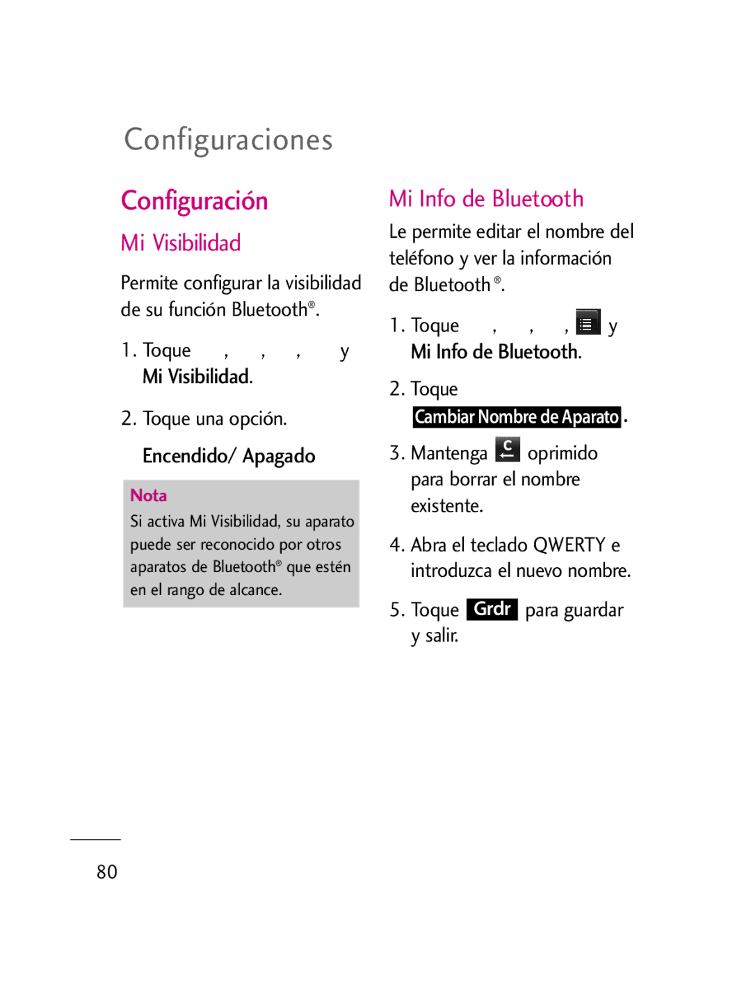 LG Electronics LG511C manual Configuración, Mi Visibilidad, Mi Info de Bluetooth 