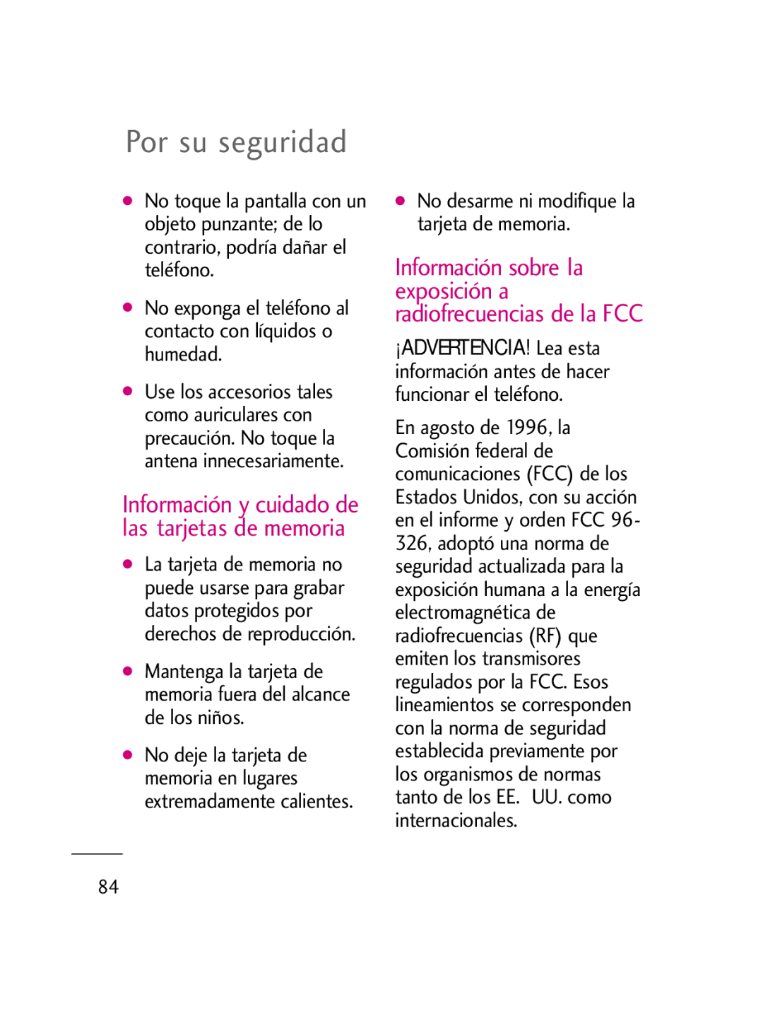 LG Electronics LG511C manual Por su seguridad, Información y cuidado de las tarjetas de memoria 