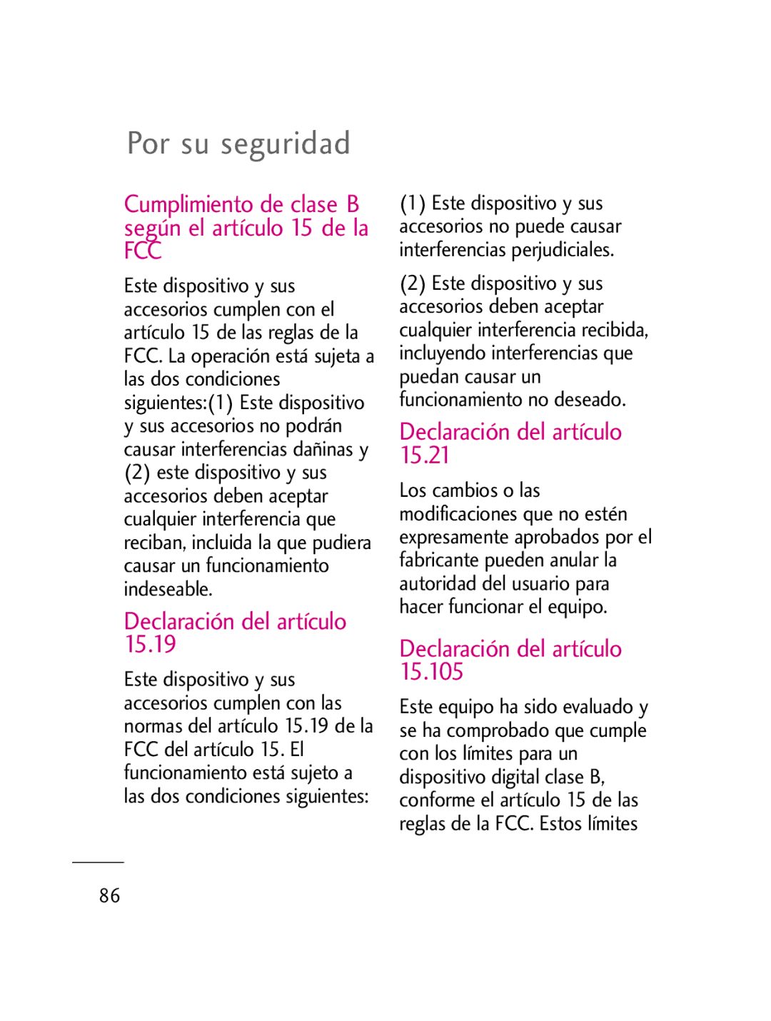 LG Electronics LG511C manual Declaración del artículo, Cumplimiento de clase B según el artículo 15 de la 