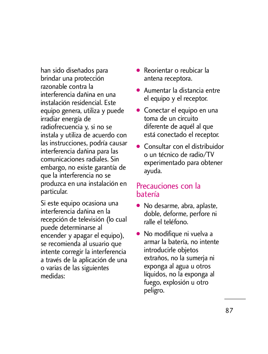 LG Electronics LG511C manual Precauciones con la batería, Reorientar o reubicar la antena receptora 