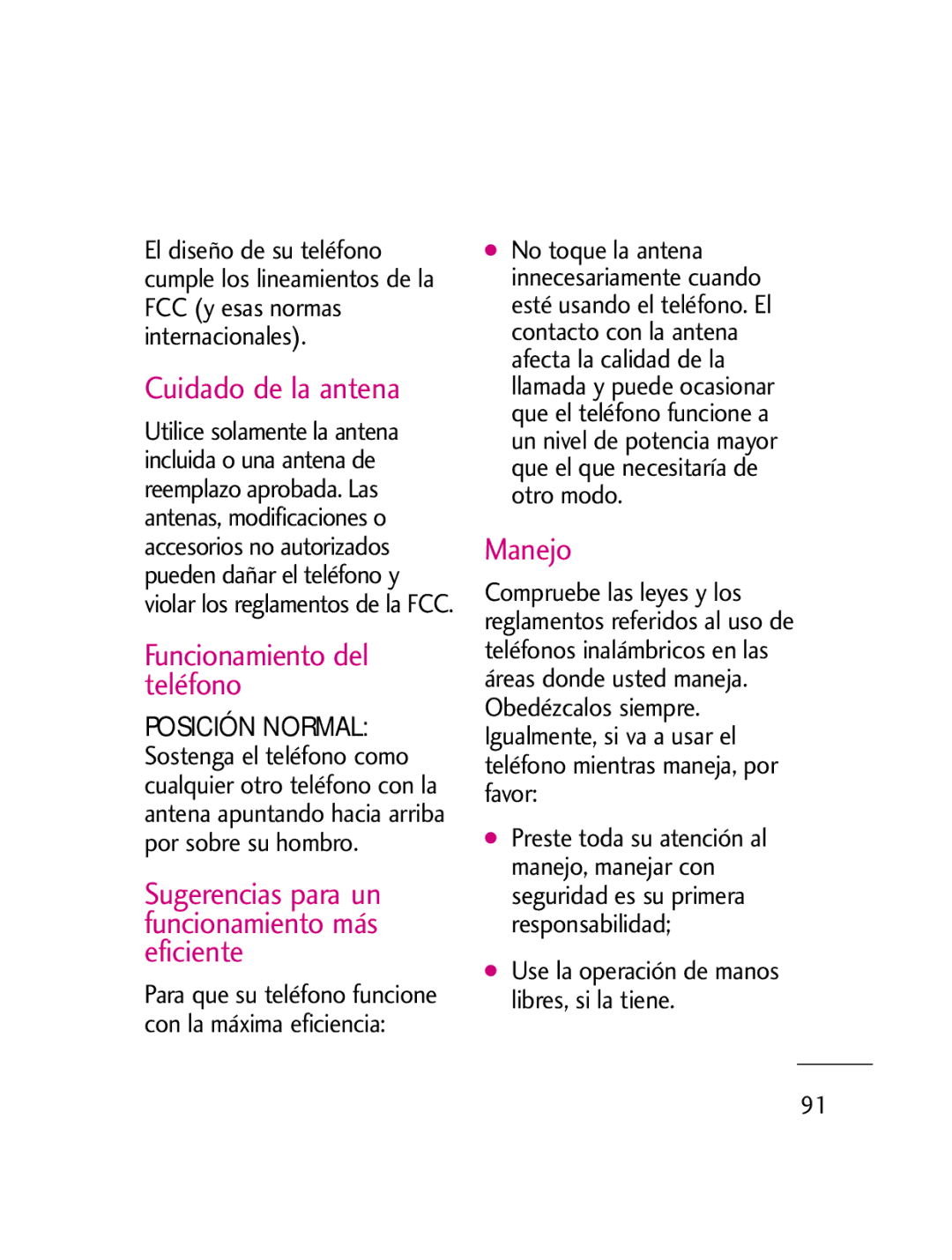 LG Electronics LG511C manual Cuidado de la antena, Funcionamiento del teléfono, Manejo 