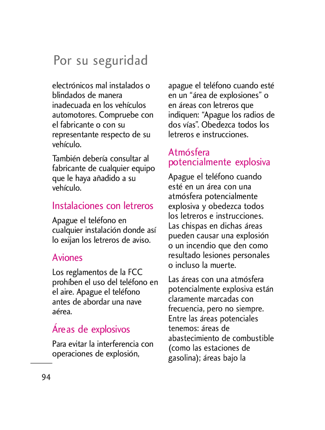 LG Electronics LG511C manual Aviones, Áreas de explosivos, Instalaciones con letreros, Atmósfera potencialmente explosiva 