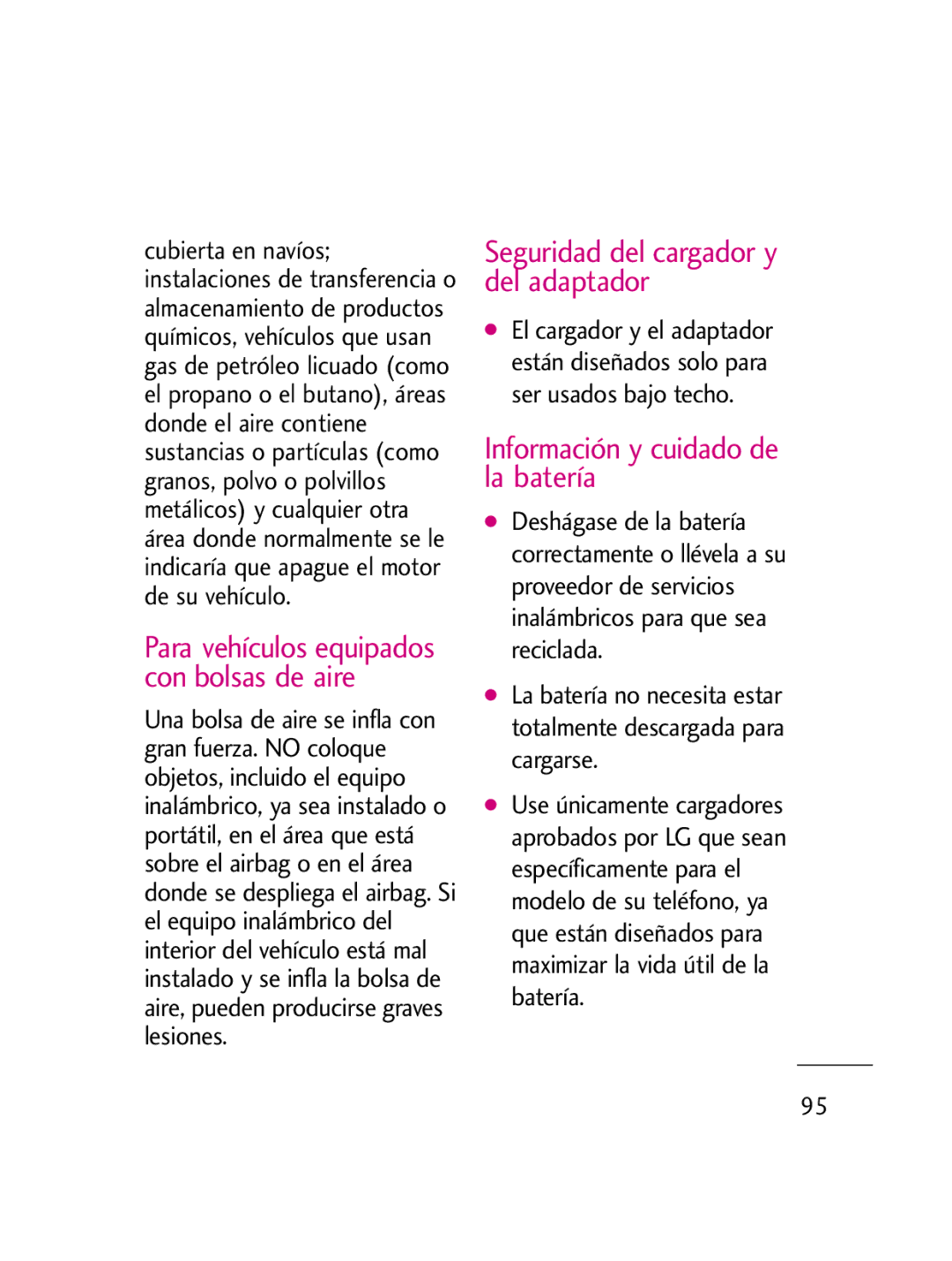 LG Electronics LG511C manual Información y cuidado de la batería, Seguridad del cargador y del adaptador 