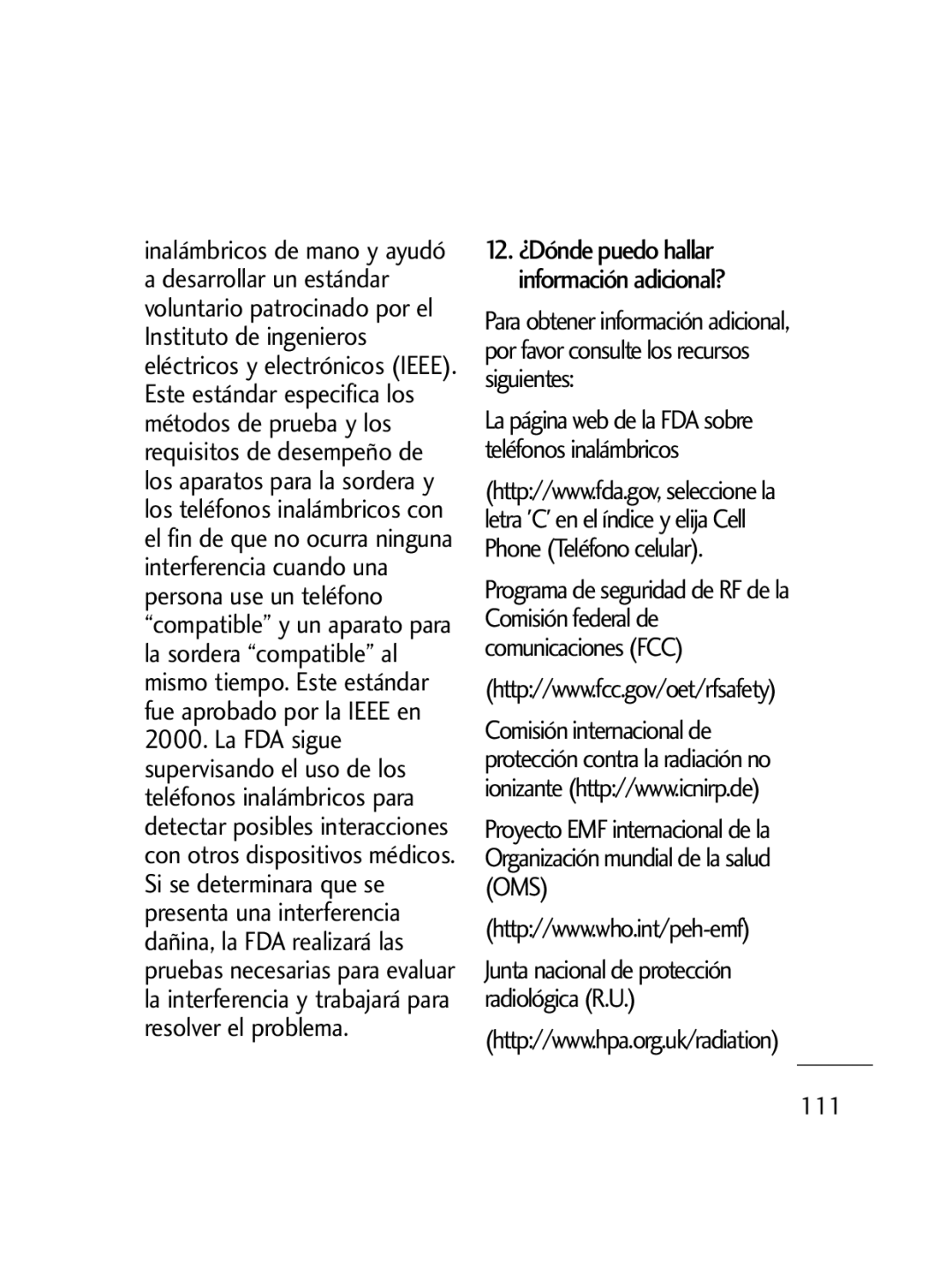 LG Electronics LG511C manual La página web de la FDA sobre teléfonos inalámbricos 