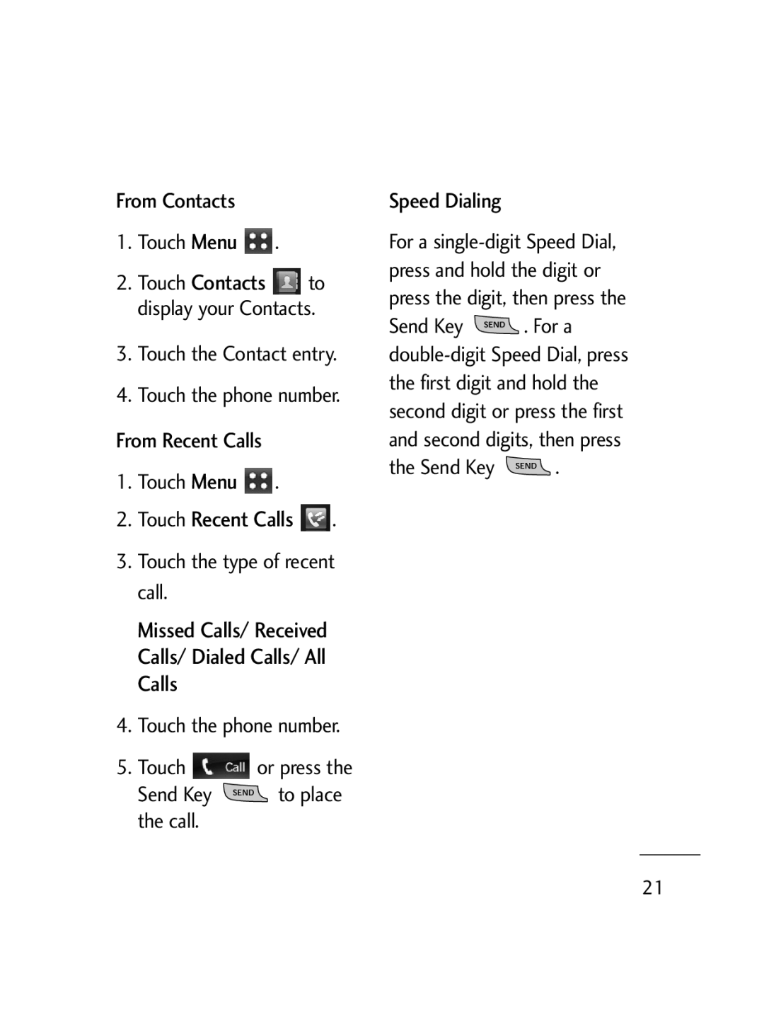 LG Electronics LG511C manual Touch Recent Calls, From Contacts Touch Menu, Send Key 