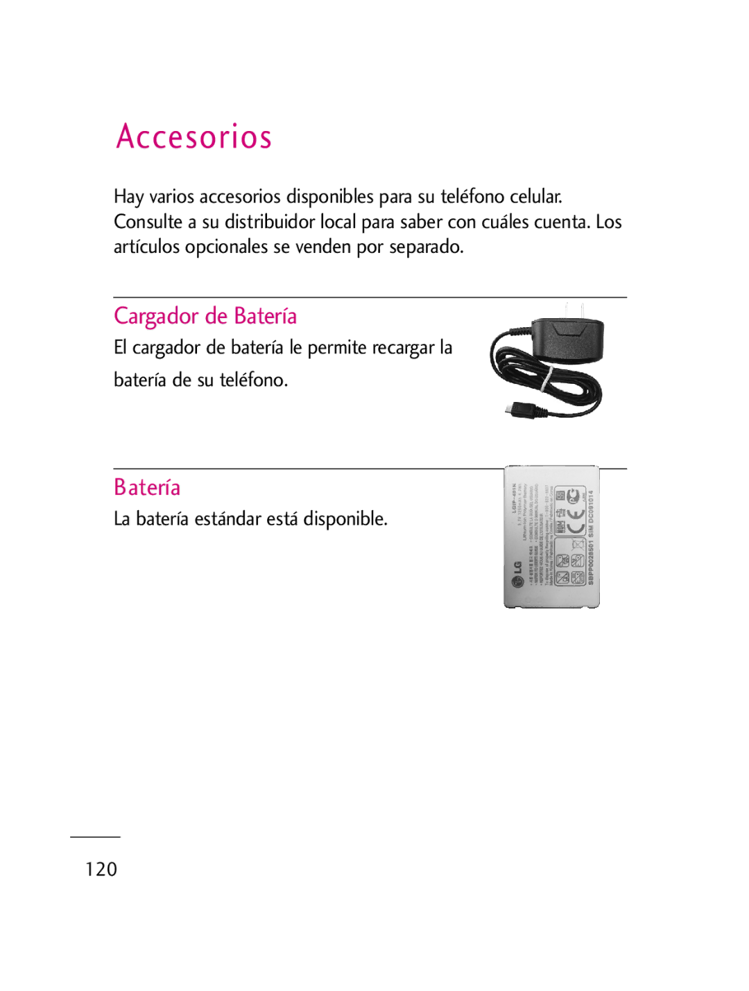 LG Electronics LG511C manual Cargador de Batería, La batería estándar está disponible 120 