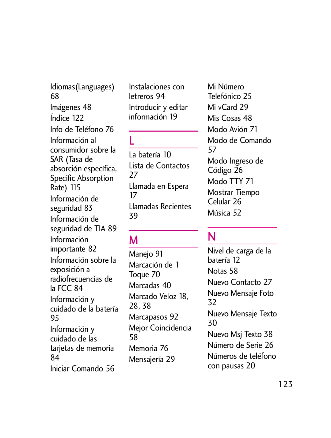 LG Electronics LG511C manual Info de Teléfono, 123 