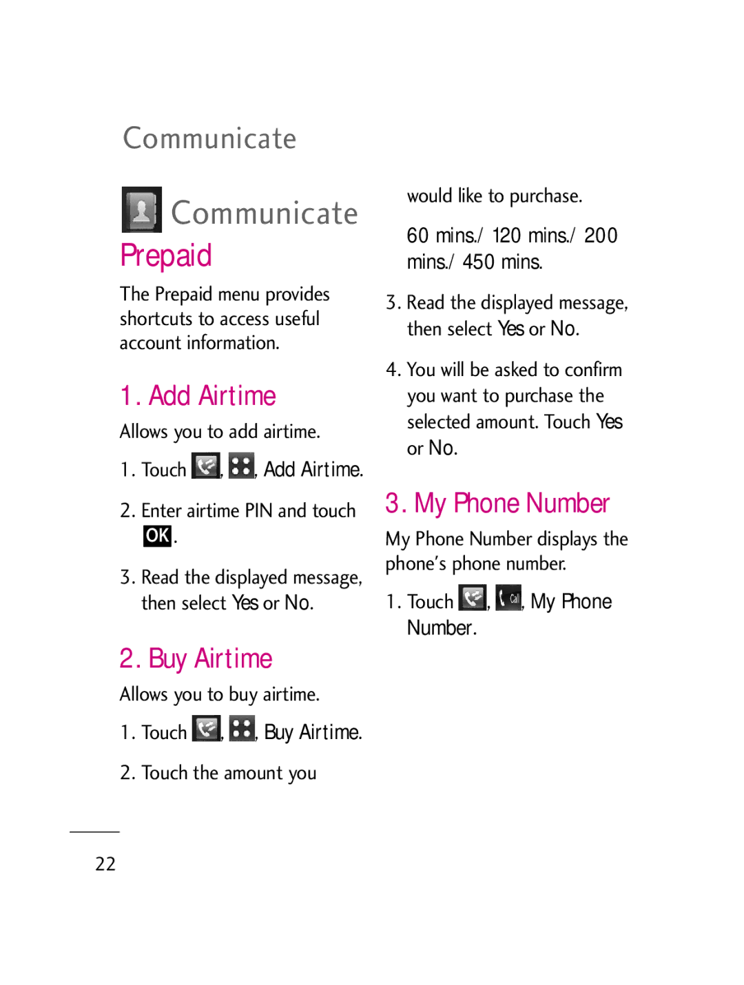 LG Electronics LG511C manual Communicate, Prepaid, Add Airtime, Buy Airtime, My Phone Number 