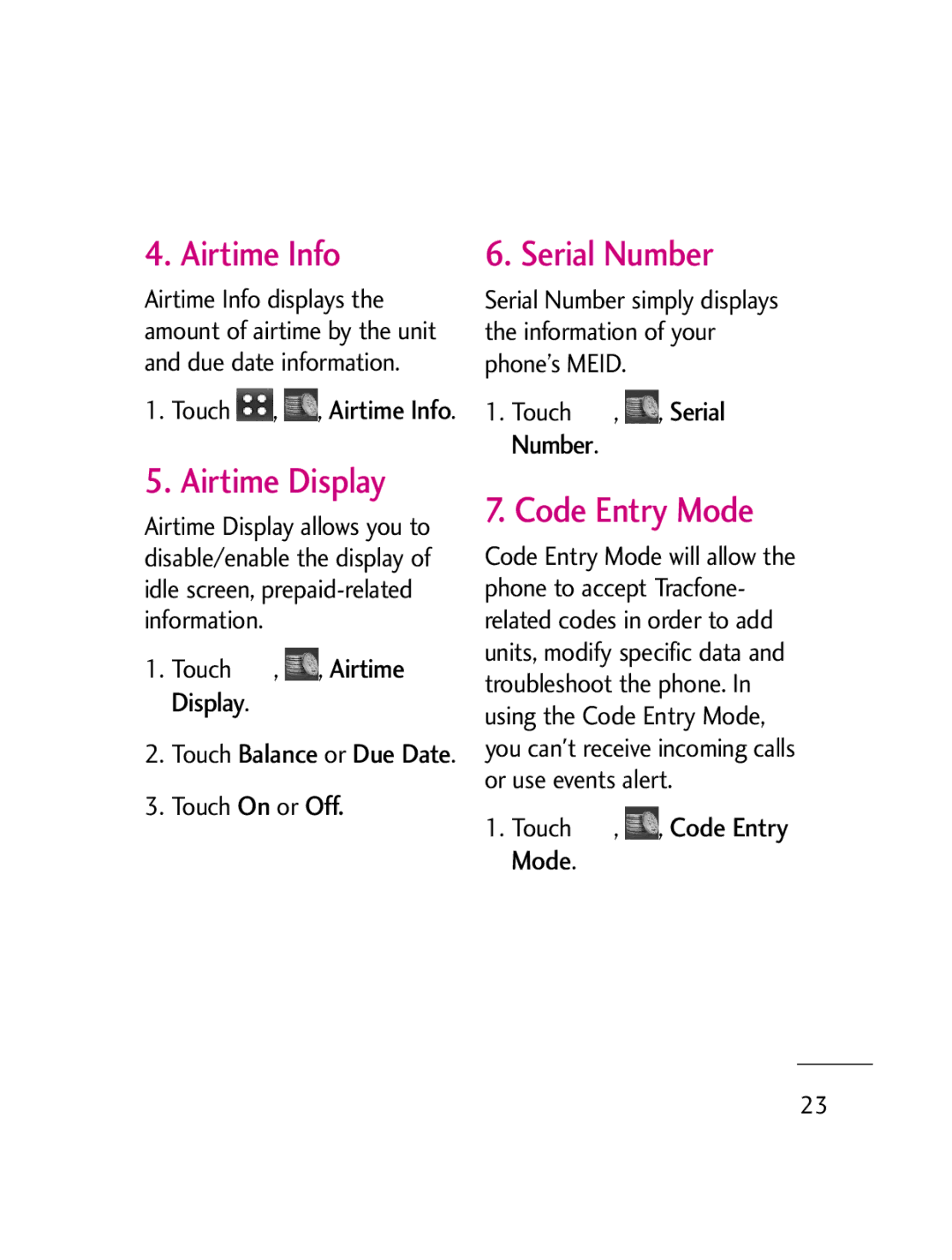 LG Electronics LG511C Serial Number, Code Entry Mode, Units, modify specific data, Touch On or Off Touch , , Code Entry 