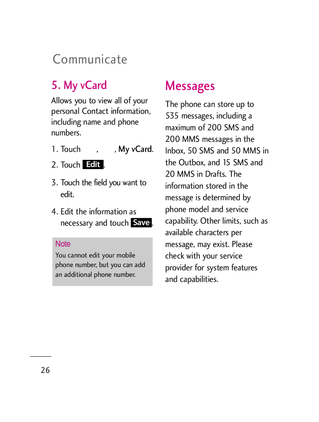 LG Electronics LG511C manual Messages, My vCard 