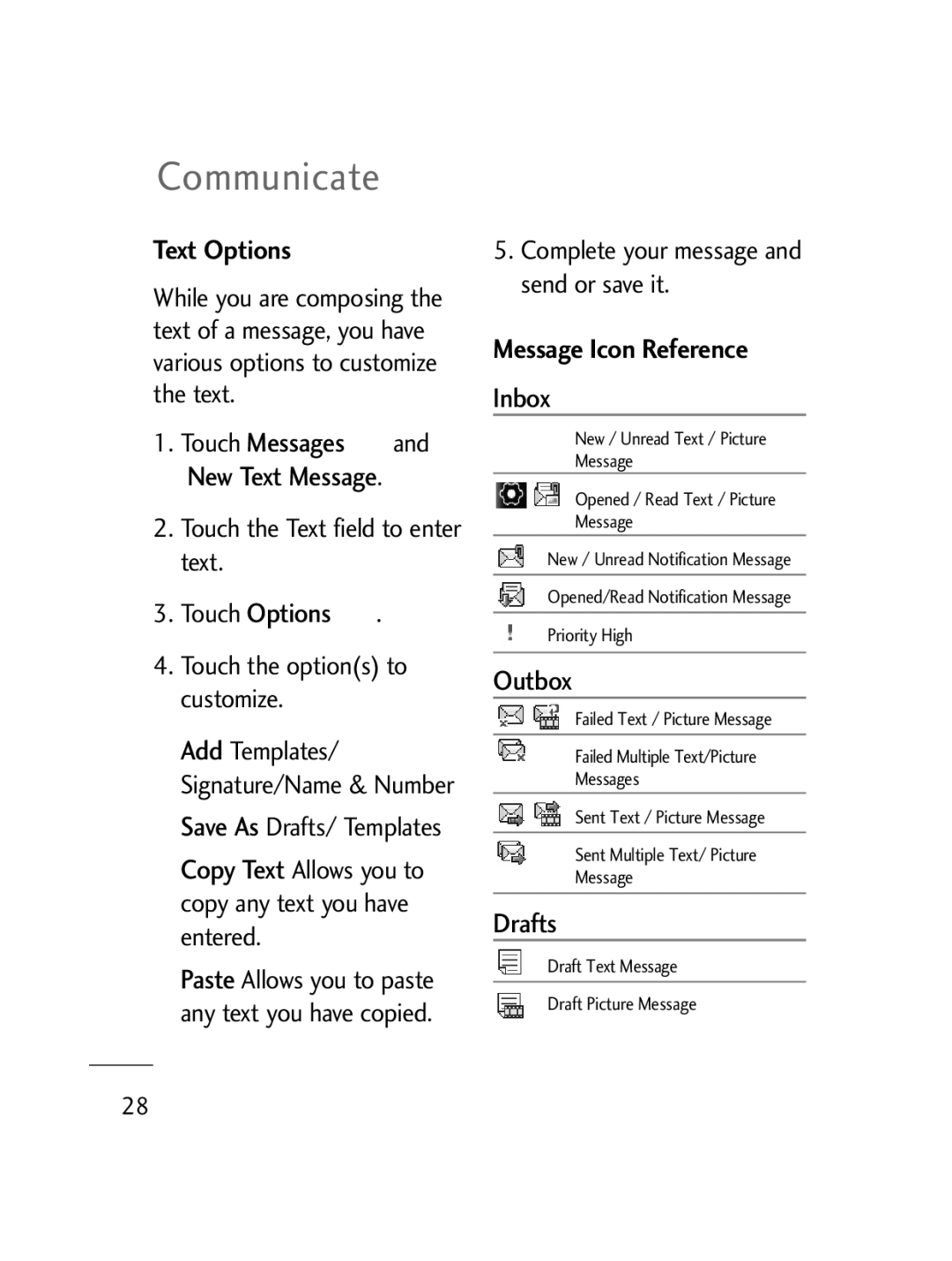 LG Electronics LG511C manual Text Options, Message Icon Reference, Inbox, Outbox, Drafts 