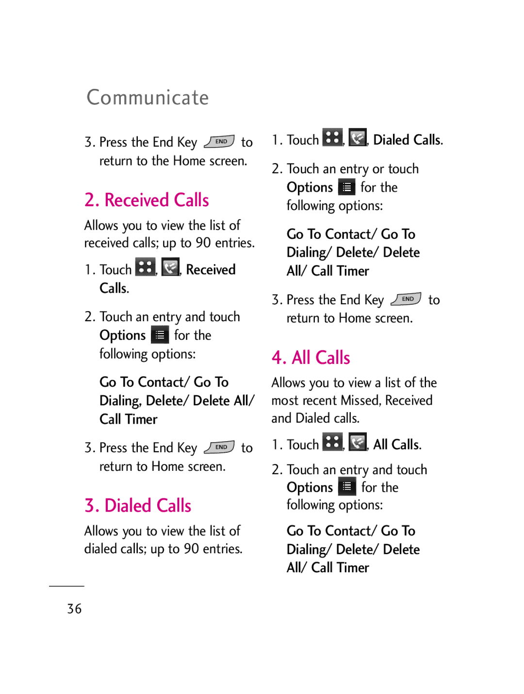 LG Electronics LG511C manual Received Calls, All Calls, Dialed Calls 