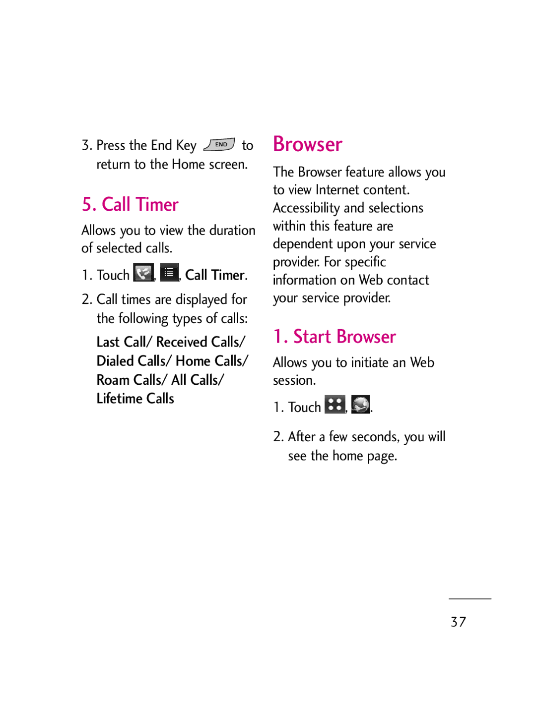 LG Electronics LG511C manual Call Timer, Start Browser, Allows you to view the duration of selected calls 