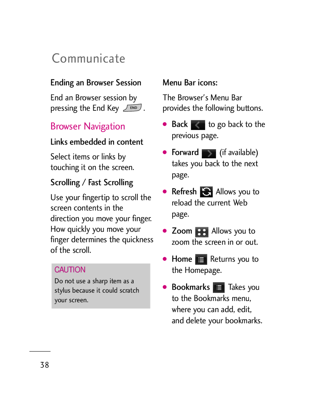 LG Electronics LG511C manual Browser Navigation, Scrolling / Fast Scrolling, Menu Bar icons, Links embedded in content 