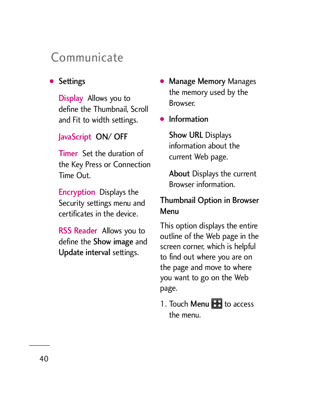 LG Electronics LG511C manual Settings, JavaScript ON/ OFF, Information, Thumbnail Option in Browser Menu 