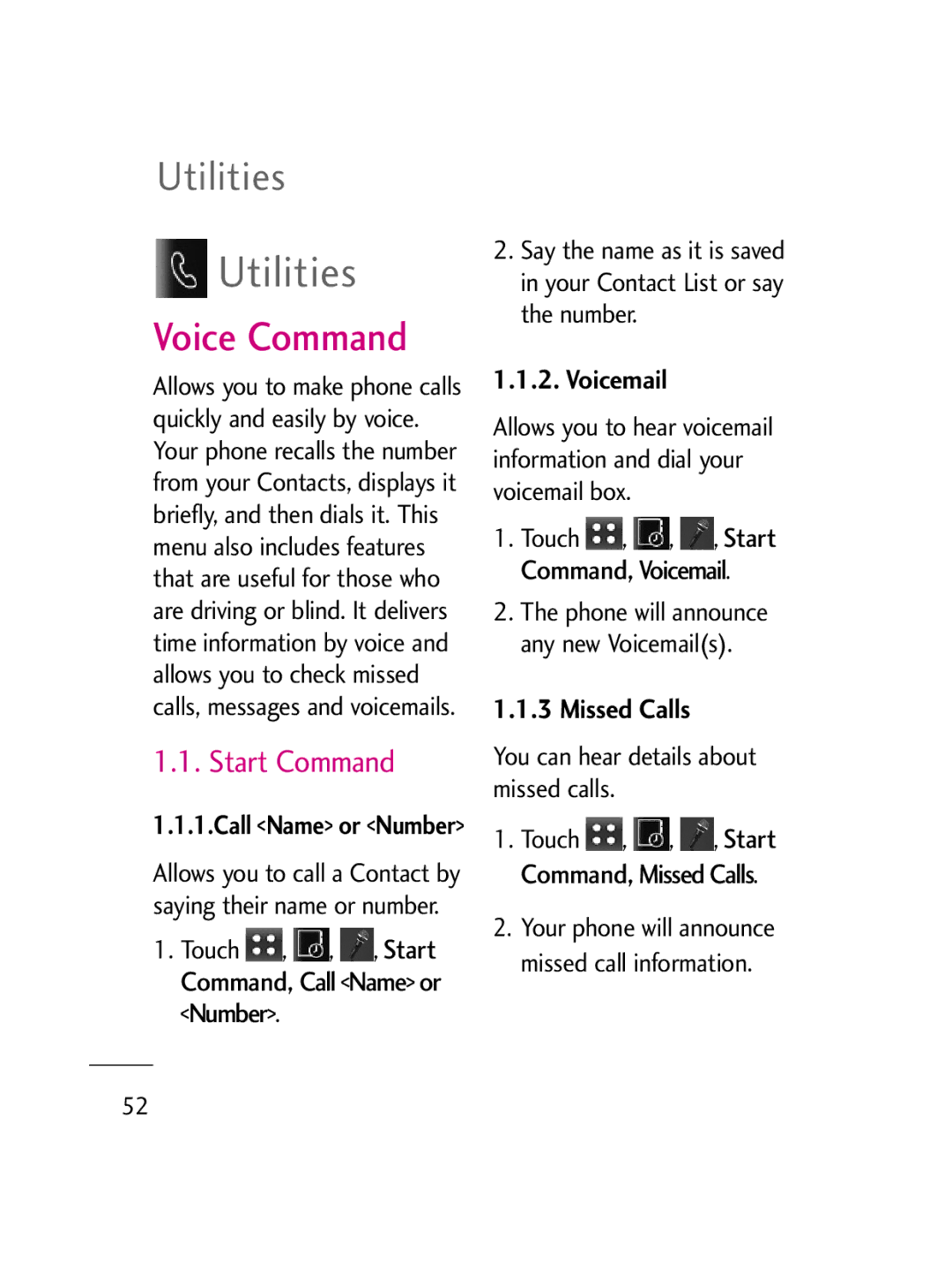 LG Electronics LG511C manual Utilities, Voice Command, Start Command, Voicemail, Missed Calls 